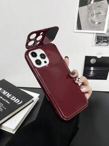1pc Burgundy Mirror Stand Anti-Fall Phone Case, Minimalist Design, Compatible With IPhone X, XR, XS Max, 11, 12, 13, 13 Pro, 13 Pro Max, 14 Pro Max, 15, 15 Pro, 15 Plus, 15 Pro Max, 16, 16 Pro, 16 Plus, 16 Pro Max, Winter