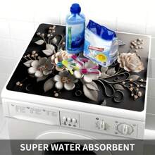 1 buah Penutup Debu Mesin Cuci Bermotif Bunga, Alas Meja Penyerap Cepat Kering, Bahan Poliester, Alas Modern untuk Mesin Cuci & Pengering, Cocok untuk Ruang Cuci dan Dapur - Hitam - View 3