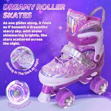 Kids Roller Skates For Girls Boys Kids, 4 Sizes Adjustable Fluorescent Quad Skates With Light Up Wheels - Cool Birthday Gift For Indoor Outdoor Sports - Dream Purple - View 3