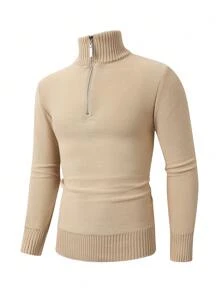 Men's Solid Color High Neck Half Zip Casual Versatile Long Sleeve Sweater - Khaki - View 1
