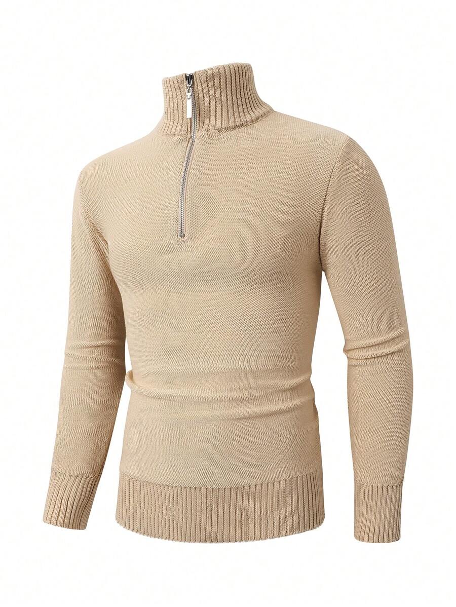 Men's Solid Color High Neck Half Zip Casual Versatile Long Sleeve Sweater - Khaki - View 1
