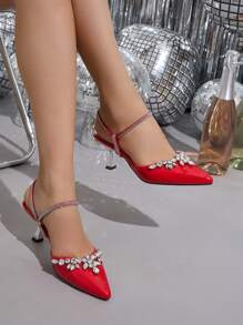 Giày cao gót mũi nhọn đính đá Rhinestone trang trí cho nữ, dép xăng đan da bóng màu đỏ thanh lịch cho tiệc tùng, đi chơi đêm, xuân/hè - Đỏ - Xem 6