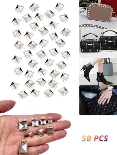 50 PCS Copper Square Pyramid Studs For Clothing Bag Leather Shoes Punk Rock Jewelry Craft, 4 Prong Metal Nailhead Studs Spikes Accessories With Awl(Silver, 8/10/12mm)