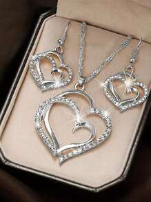 3pcs Rhinestone Heart Shaped Jewelry Set Including Earrings, Pendant Necklace, Elegant Fashion Jewelry Set For Women, Romantic Gift For Mother's Day