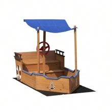Outsunny Pirate Ship Sandbox With Cover And Rudder, Wooden Sandbox With Storage Bench And Seat, Outdoor Toy For Kids Ages 3-8 Years Old Christmas Party Gifts - 1 - 查看 6