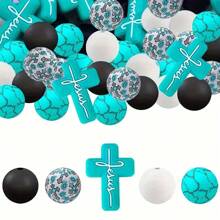 40pcs Silicone Beads DIY Keychain Set - Colorful Round, Cross, Sunflower And Hexagon Shapes, Suitable For Necklaces, Bracelets And Crafts Valentines