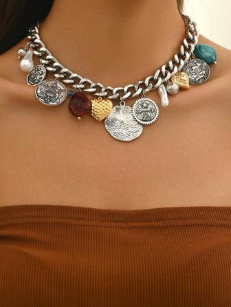 1 st halsband i vintage punkstil med snäckskal i legering, konstpärlor, hjärtan och mynthängen, mångsidigt halsband att kombinera i lager på lager, lämpligt för fester, bröllop, helgdagar och speciella tillfällen, även en utmärkt present