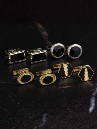 4 Pairs Classic Oil Drop Enamel Cufflinks Set For Men, Black & Gold Color, Comes With Gift Box, Suitable For Dress Shirt And Suit