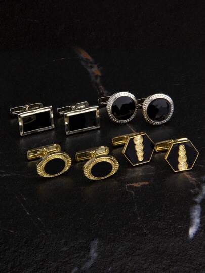 4 Pairs Classic Enamel Cufflinks Set In Black & Gold Colors, Ideal Gift For Men, Suit & Shirt Accessory, Comes In Gift Box