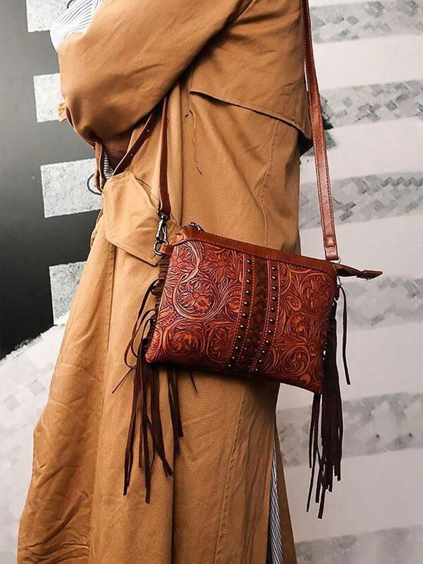 Borsa a tracolla leggera con frange da donna, nuovo stile bohémien, in PU vintage goffrato, borsa a spalla casual per uso quotidiano, shopping, scuola, viaggio