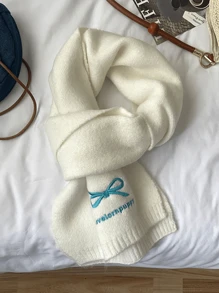 Unisex Embroidered Bow Knitted Scarf, Solid Color Soft Comfortable Thick Warm Neck Warmer, Suitable For Autumn & Winter