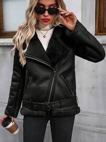 Áo khoác da giả Sherpa lót lông cừu mùa đông cho nữ, áo khoác biker ấm áp có túi - màu đen - Xem 5
