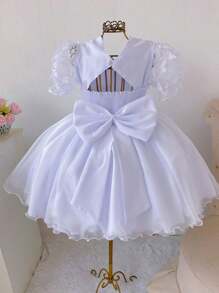 White Children's Dress With Butterflies Puff Sleeves Bridesmaid, Christening, Flower Girl - 查看 2
