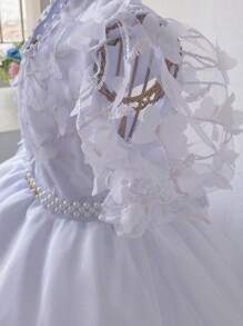 White Children's Dress With Butterflies Puff Sleeves Bridesmaid, Christening, Flower Girl - 查看 8