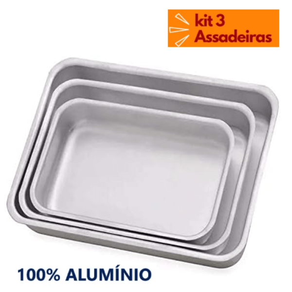 Kit De 3 Assadeira Retangular Polida Para Bolos, Tortas e Assados Tamanho 1, 2 e 3 Alumínio Qualidade Alta IG 3579