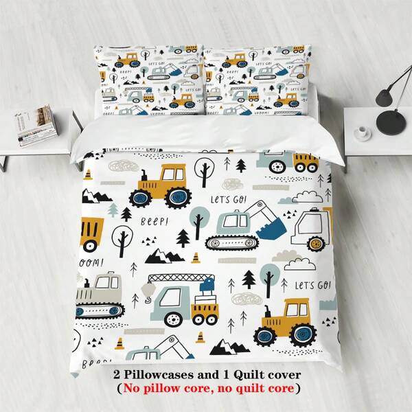 Juego de ropa de cama de 3 piezas con diseño de camión, tractor, decoración para habitación de niño o niña, incluye funda de edredón con motivos de grúa, bulldozer, excavadora, 2 fundas de almohada, 1 funda de edredón (sin relleno) 100% poliéster