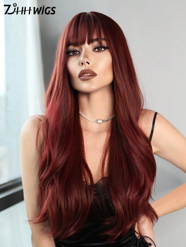 7JHH WIGS Peruci bordeaux pentru femei Perucă ondulată lungă și ondulată cu breton Fibră sintetică rezistentă la căldură Peruci roșu vin pentru fete Utilizare zilnică la petrecere 26 inch