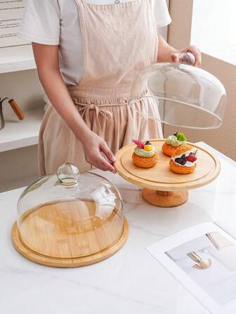 1pc 11.5" Large Size Wooden Tray With Glass Dustproof Cover, Cake Food Serving Platter, Nordic Minimalist Luxury Japanese Style Wooden Tray, Display Stand For Food, Cake, Hotel, Restaurant, Cafe, Exhibition Hall, Supermarket, Festival Party