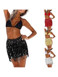 Women Sequined Fringe Skirt, Glitters Elastic Waist Miniskirt, Mini Skirt For Dance, Rave Party, Black/Silver/Gold/Red