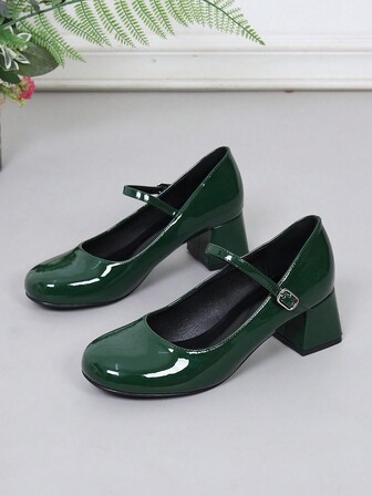Evening Dress Pumps, Glossy Patent Leather Women's Thick Heel Round Toe Red High Heels. Instep Strap Buckle Low Vamp Fashionable Mary Jane Women's Shoes, Comfortable Indoor And Outdoor Party Women's Shoes. Bohemian Style Green High Heel Women's Shoes. Women's Round Toe Thick Heel Retro French Style Party Casual Elegant Fairy Aesthetic Simple Comfortable Figure-Flattering Evening High Heels.