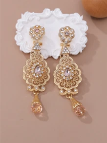 1 Pair Gold Tone Flower Shaped Earrings With Plastic Rhinestones, Elegant Vintage Boho Moroccan Style For Weddings, Parties, Holidays
