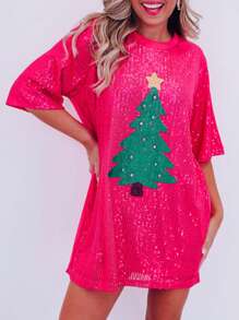 Vestido corto de camiseta de mujer de Navidad con patrón de árbol de Navidad de lentejuelas, de manga corta, cuello redondo y holgado