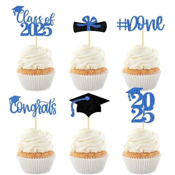12pcs Graduation Cupcake Toppers 2025 Blue, Glitter Class Of 2025 Cupcake Toppers Supplies, Class Of 2025 Congrats Grad Cap Diploma Cupcake Picks For Graduation Party Decorations 2025 Blue And Black,Black Gold