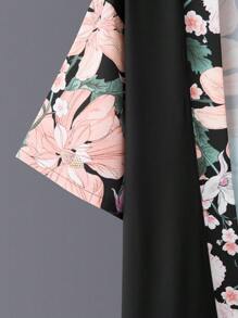 Unisex Peacock Floral Print Mid-Length Kimono Cover Up, Lightweight Jacket, Elegant , Casual Street Wear, Beach Travel, Spring/Autumn - Black - View 5