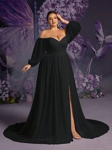Faeriesty Plus Size Women's Solid Color Off Shoulder Lantern Sleeve Elegant Wrap Dress - Black - View 7