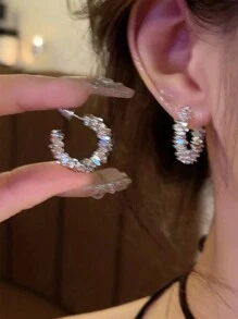 1 Pair Fashionable Asymmetric Silver C-Shaped Hoop Earrings, Minimalist Style Accessory For Women - Small Change - View 10
