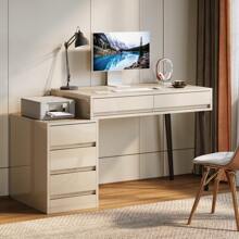 Tribesigns Gloss Desk With 5 Drawers, Modern Home Office Desk With Storage Drawers And Printer Stand, Reversible Computer Desk Vanity Desk For Bedroom, Living Room, Beige - 米色 - 查看 3