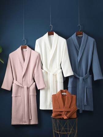 1 件华夫格图案浴袍，成人中性和服风格，春夏季家居服，适合寄宿家庭、酒店和水疗中心，吸水快干，宽松版型，多色，浴室和家居必需品家居浴室装饰返校