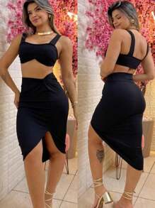 Women's Set Midi Skirt And Cropped Look Christmas New Year - màu đen - Xem 4