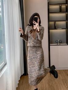 RUIWY 2 件套女士毛绒面料蝴蝶结抽绳领二合一时尚保暖夹克和长裙，春秋冬 - 咖啡棕 - 查看 6
