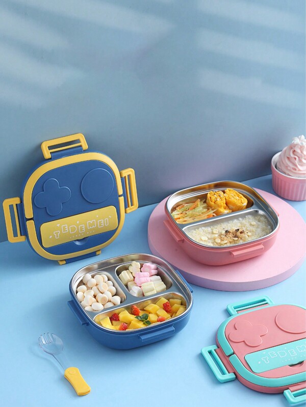 1 pieza, Caja de almuerzo tipo bento para niños - 3 compartimentos, a prueba de fugas, asa portátil, apta para microondas y lavavajillas