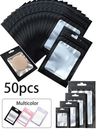 50 piezas de bolsas de aluminio resellables, bolsas de envasado autosellantes, bolsas de Mylar impermeables y a prueba de olores, para bolsas de almacenamiento de alimentos, dulces, bocadillos, lápices labiales, cuentas, empaque y exhibición minorista de joyas, manualidades, arte de uñas y pestañas postizas, bolsas de regalo para fiestas, Navidad
