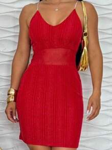 Women's Short Tulle Lurex Dress Striped In Gold Party Dress - Đỏ - Xem 3