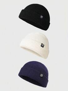 1pc Men's Solid Color Versatile Patched Label NY Beanie Hat, Knitted Warm Casual Wear For Autumn Winter Halloween Fall Outfit