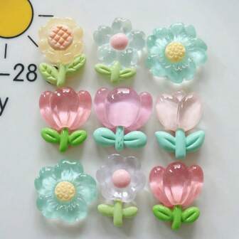 10pcs Mixed-Style Transparent Flower & Cartoon Shaped Resin Accessories For DIY, Suitable For Earrings, Hair Ornaments, Stationery, Phone Cases, Keychains, Cups, Shoes, Refrigerator Stickers, Decoration Patch, Jewelry Making Material Bundle, Includes Free Double-Sided Tape Valentines