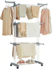 SONGMICS Étendoir à Linge, Séchoir Mobile à 4 Niveaux, avec roulettes, Pliable, 63,5 x 128 x 173 cm, Grande Capacité, Montage Facile, Utilisation Intérieure et Extérieure, Blanc - Argent - Voir 2