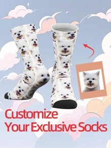 1 Pair Customized Face Print Mid-Calf Socks For Girls & Boys, Personalized Photo Printed Unique Teenager Socks, Fun Custom Design Mid-Length Socks For Daily Wear, Gifts, Festivals, Birthdays Back To School Winter Gift Ideas Boy Girl Valentine's Day