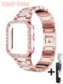 Conjunto de correa y caja de reloj con brillantes diamantes de imitación, compatible con Apple Watch para mujer. Elegante correa metálica con incrustaciones de diamantes de imitación y caja hueca de policarbonato con doble hilera de diamantes de imitación. Compatible con Apple Watch Series Ultra/11/10/9/8/7/6/5/4/3/SE, 38/40/41/42/44/45/46/49 mm. Preciosa y brillante correa y caja.