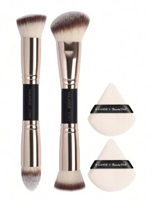 MAANGE 4Pcs Professional Makeup Brush Set With 2pcs Makeup Brush Set &2pcs Loose Powder Puff,Double Head Soft Foundation Brush,Blush Brush,Powder Brush,Concealer Brush,Contour Brush,Makeup Brush With Soft Fiber For Easy Carrying,Brush For Travel,Gift For Women&Girls - 黑色 - 查看 3