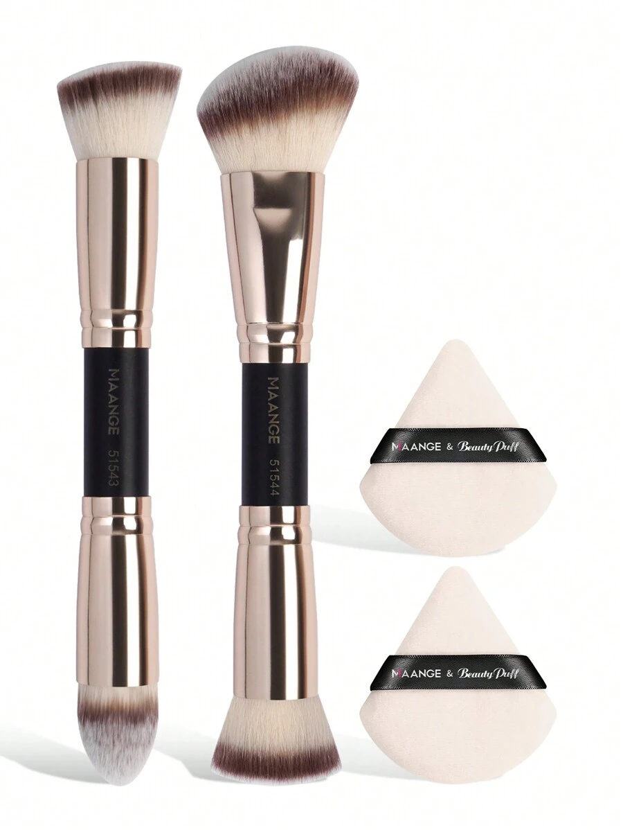 MAANGE 4Pcs Professional Makeup Brush Set With 2pcs Makeup Brush Set &2pcs Loose Powder Puff,Double Head Soft Foundation Brush,Blush Brush,Powder Brush,Concealer Brush,Contour Brush,Makeup Brush With Soft Fiber For Easy Carrying,Brush For Travel,Gift For Women&Girls - 黑色 - 查看 1