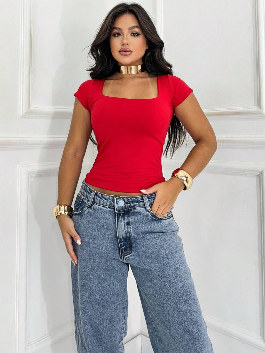 Basic Women's Baby Look Blouse With Square Neckline And Short Sleeves Casual Fashion Versatile Blogger - 紅色 - 查看 1