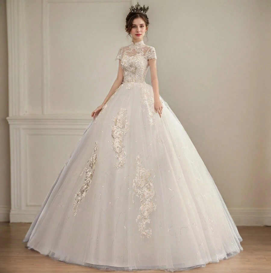 Women's Wedding Dress Elegant Backless Lace Embroidery, French Slim Fit Princess Shape, Suitable For Wedding Party - Pearl White (Luxury Lace Embroidery) - 查看 1