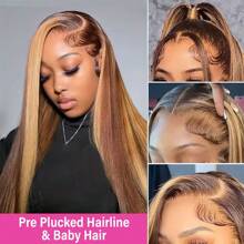 Peluca de cabello humano de 30 pulgadas con reflejos, color marrón ombré, rubio miel, liso, con encaje frontal, para mujer, peluca de cabello Remy - S4/27 - Ver 5