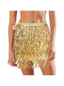 Women Sequined Fringe Skirt, Glitters Elastic Waist Miniskirt, Mini Skirt For Dance, Rave Party, Black/Silver/Gold/Red
