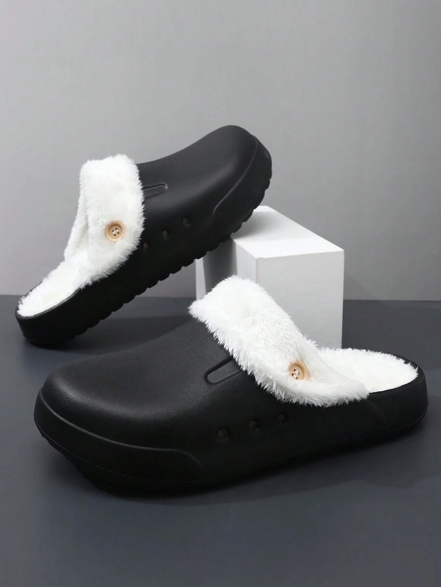 Damen Winter Flache Holzpantoffeln, Slip-On geschlossene Zehenpartie mit warmer Fütterung für Hausschuhe, einfarbige Plüsch Mullmule Schuhe, dicke weiche Sohle mit Warmfutter Unisex Hausschuhe, Lässig Stil geeignet für Erwachsene, Krankenschwestern, Köche, Gärtner - Schwarz - Übersicht 1