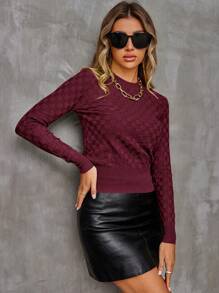 AAmilife Checkered Pattern Crew Neck Long Sleeve Pullover Sweater For Women - Burgundy - View 3